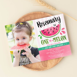 Pink One in a melon First Birthday Photo Invitation