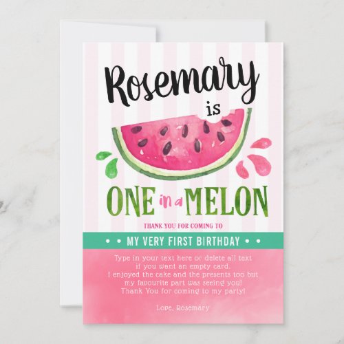 Pink one in a melon first birthday thank you card