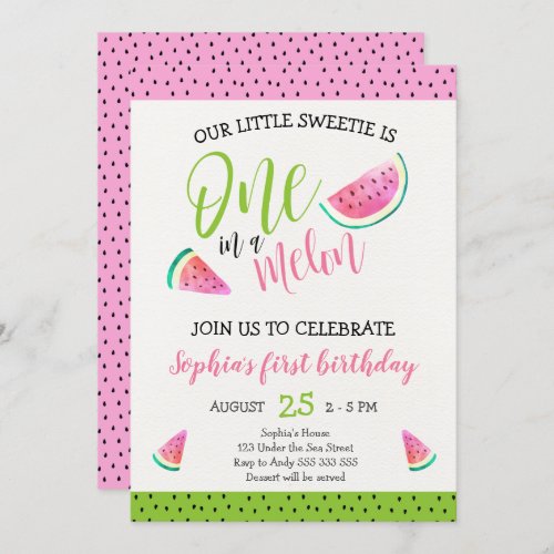 Pink One in a Melon Girl 1st Birthday Cute Invitation