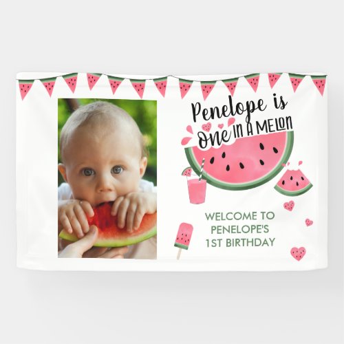 Pink One In A Melon Photo Girls 1st Birthday  Banner
