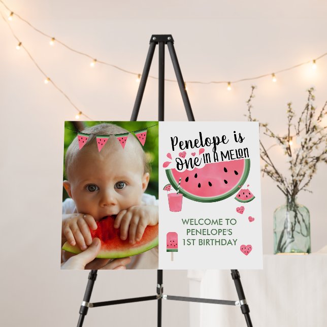 Pink One In A Melon Photo Girl's 1st Birthday  Foam Board (In Situ (Stand))