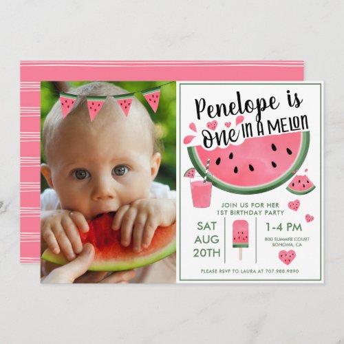 Pink One In A Melon Photo Girls 1st Birthday Invitation
