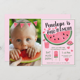 Pink One In A Melon Photo Girl's 1st Birthday  Invitation