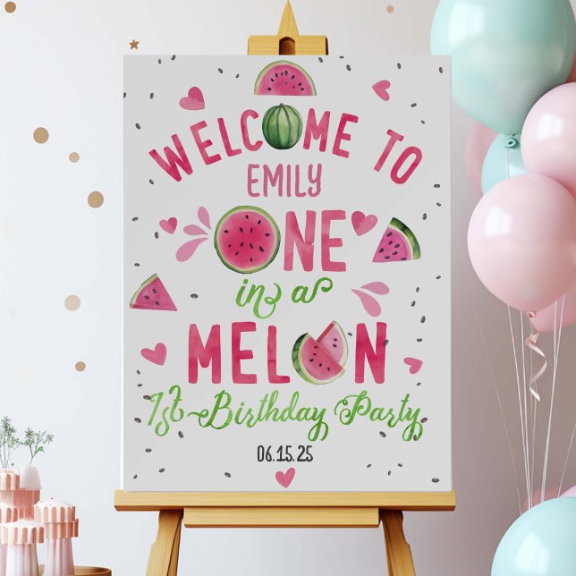 pink one in a melon summer 1st welcome sign (Pink summer girl 1st birthday, One in  a melon welcome sign)