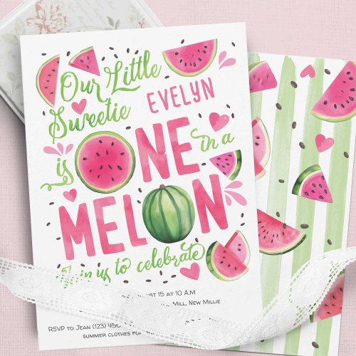 Pink One in A Melon Summer Fruit Cute Watermelon Invitation