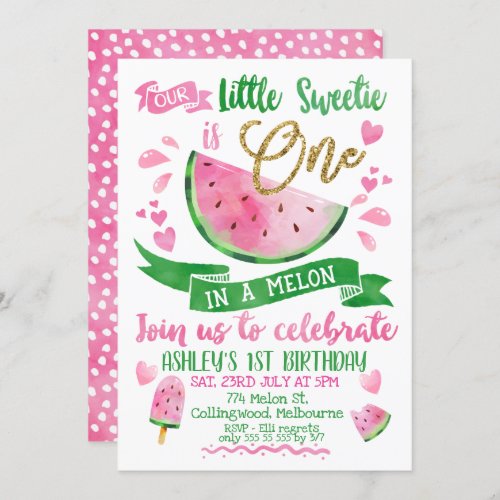 Pink One In A Melon Themed 1st Birthday Invitation