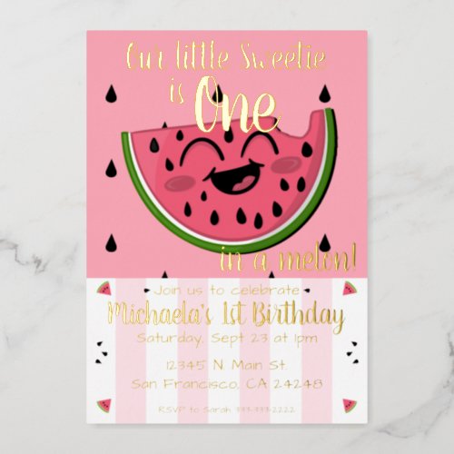 Pink One in a Melon Watermelon Girl First Birthday Foil Invitation