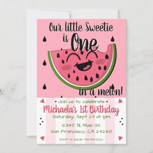 Pink One in a Melon Watermelon Girl First Birthday Invitation
