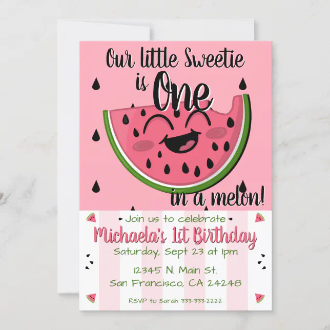 Pink One in a Melon Watermelon Girl First Birthday Invitation | Zazzle