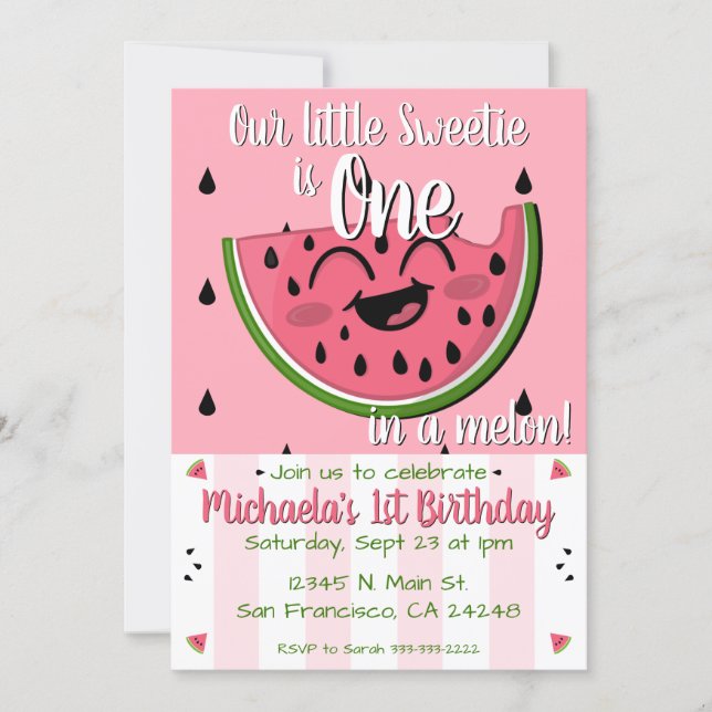 Pink One in a Melon Watermelon Girl First Birthday Invitation (Front)