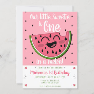Pink One in a Melon Watermelon Girl's 1st Birthday Invitation