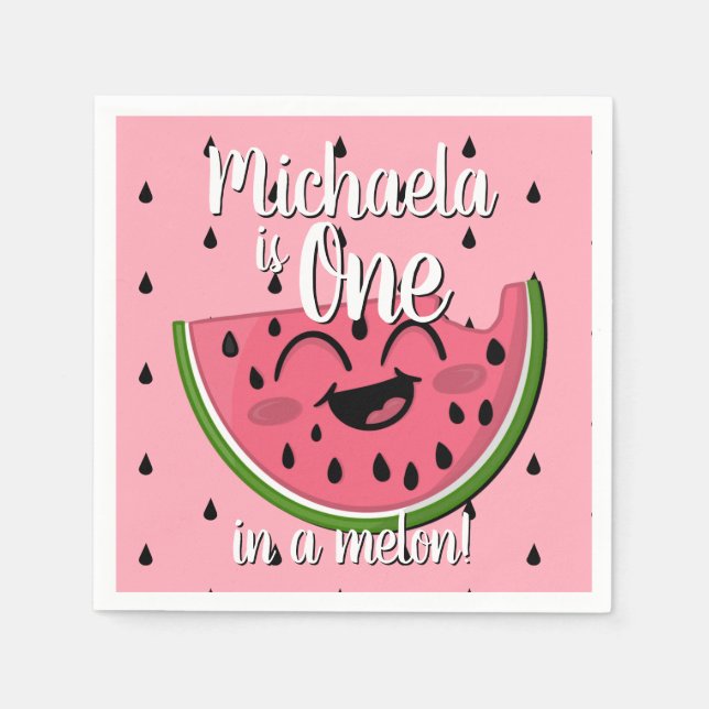 Pink One in a Melon Watermelon Kids First Birthday Napkins (Front)