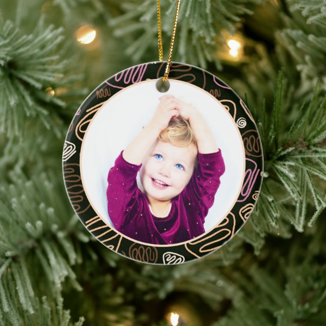 Pink One Line Art Merry Christmas Family Photo Ceramic Ornament (Tree)
