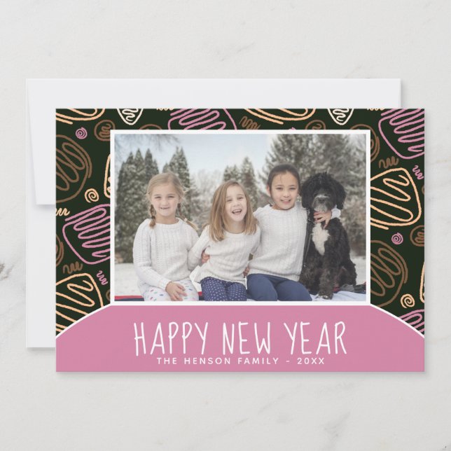 Pink One Line Shapes Pattern Photo New Year 2026 Holiday Card (Front)