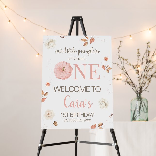 Pink One Little Pumpkin Birthday Welcome Sign (In Situ (Stand))