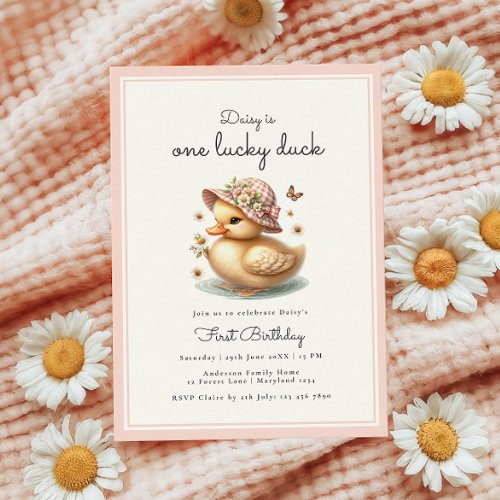 Pink One Lucky Duck Baby Girl First Birthday Invitation