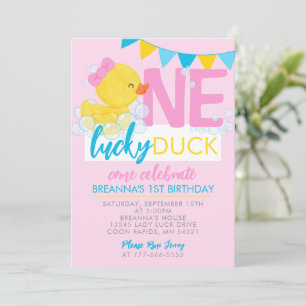 Pink One Lucky Duck Girl Rubber Duck 1st Birthday Invitation