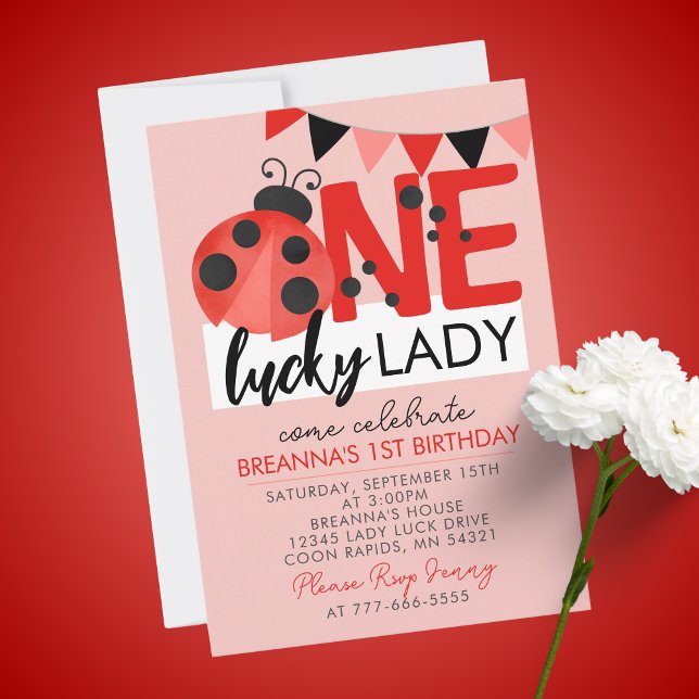 Pink One Lucky Lady Watercolor Ladybug  Birthday Invitation (Light Pink Salmon One Lucky Lady Watercolor Ladybug 1st Birthday Party Invitations)
