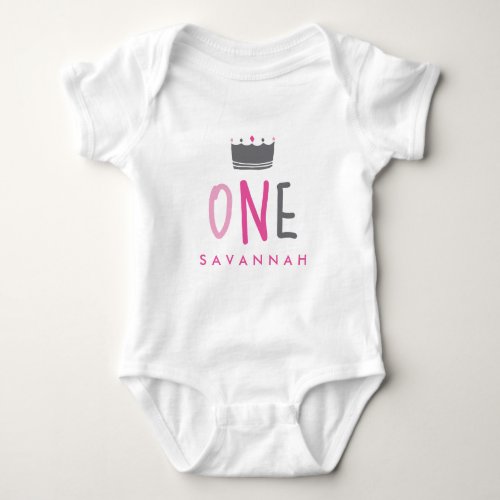 Pink ONE Name and Crown First Birthday Baby Bodysuit