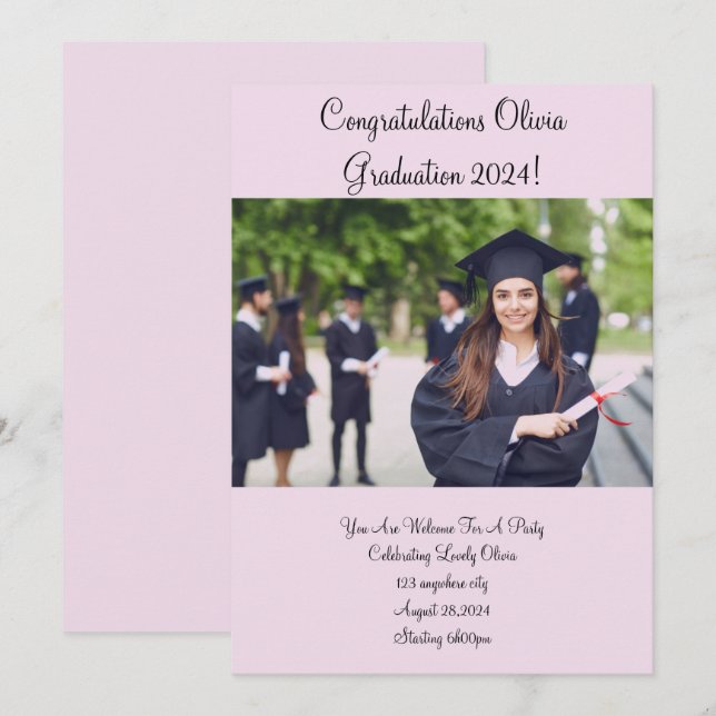Pink one photo graduation invitation  (Front/Back)