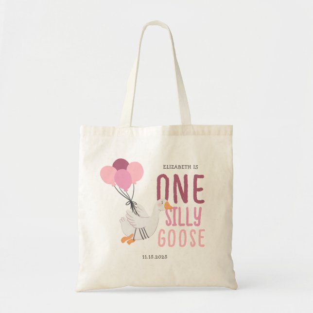 Pink One Silly Goose 1st Birthday Favor Tote Bag (Front)