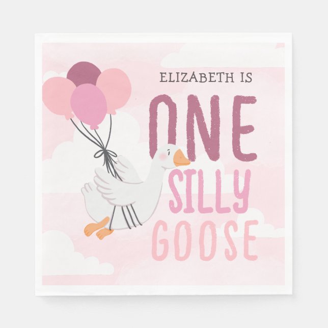 Pink One Silly Goose 1st Birthday Napkins (Front)