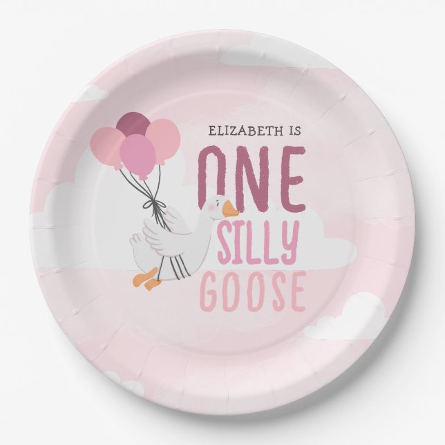 Pink One Silly Goose 1st Birthday Paper Plates (Front)