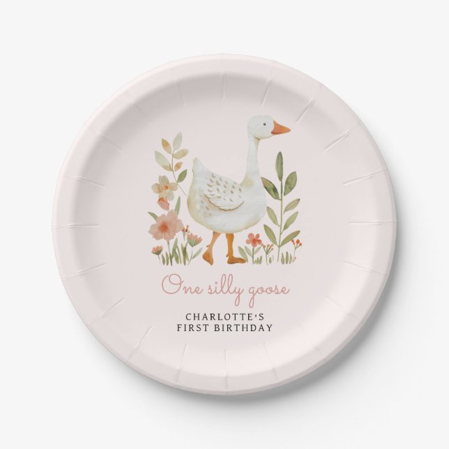 Pink One Silly Goose Birthday Paper Plates (Front)