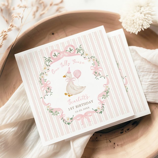 Pink One Silly Goose Coquette Bow 1st Birthday Napkins (Creator Uploaded)