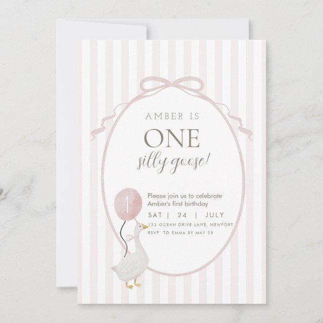 Pink One Silly Goose First Birthday Invitation (Front)