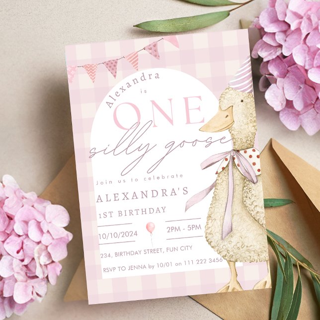 Pink One Silly Goose Gingham 1st Birthday Invitation (Pink One Silly Goose Gingham 1st Birthday Invitation)