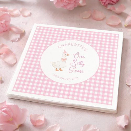 Pink One Silly Goose Gingham Rustic First Birthday Napkins