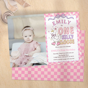 Pink One Silly Goose - Girl First Birthday Photo Invitation