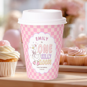 Pink One Silly Goose - Retro Girl First Birthday Paper Cups