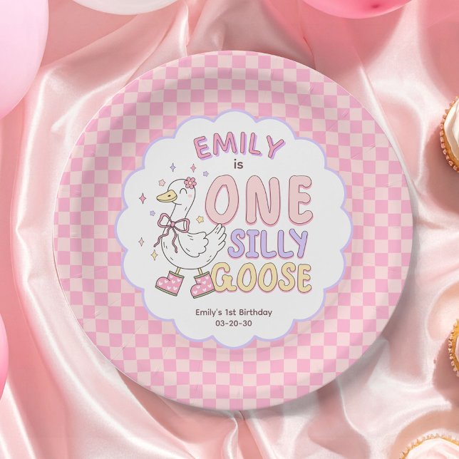 Pink One Silly Goose - Retro Girl First Birthday  Paper Plates (Pink One Silly Goose Birthday Paper Plates. Girl First Birthday Party Paper Plates.)