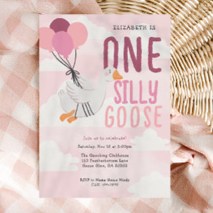 Pink One Silly Goose Whimsical 1st Birthday Party Invitation