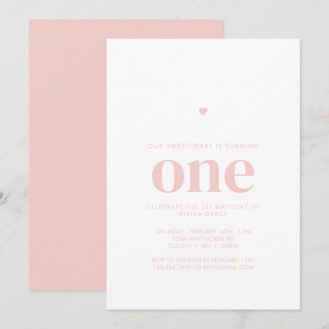 Pink One Sweetheart First Birthday Invitation (Front/Back)
