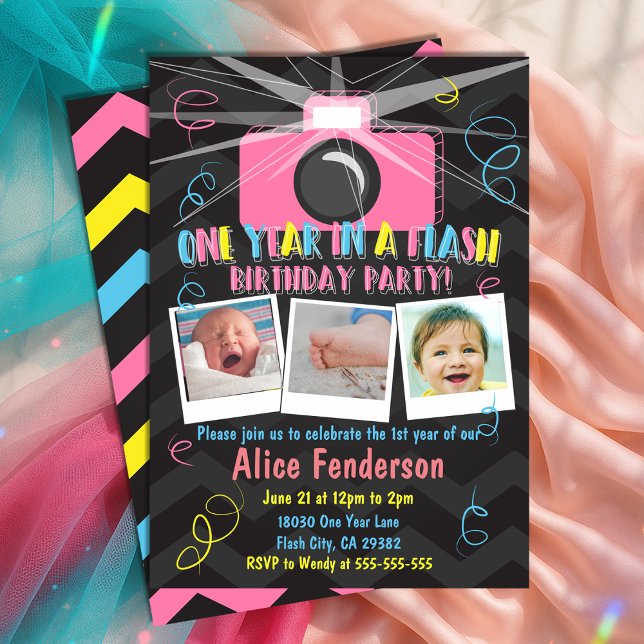 Pink One Year in a Flash First Birthday Photo Invitation (Pink One Year in a Flash Birthday Photo Invitation
)