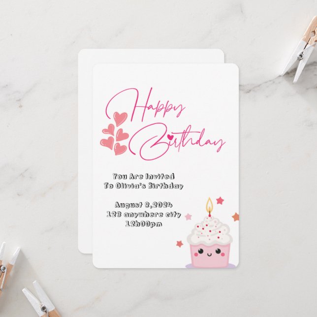 Pink one year old birthday girl invitation (Front/Back In Situ)