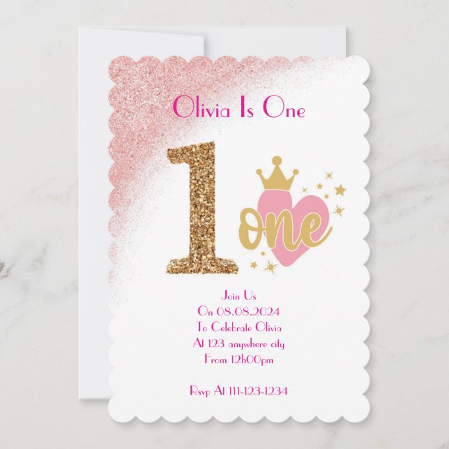 PINK ONE YEAR OLD GIRL BIRTHDAY INVITATION (Front)
