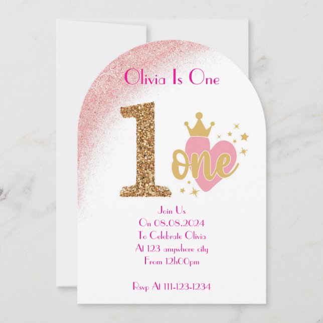 PINK ONE YEAR OLD GIRL BIRTHDAY INVITATION (Front)