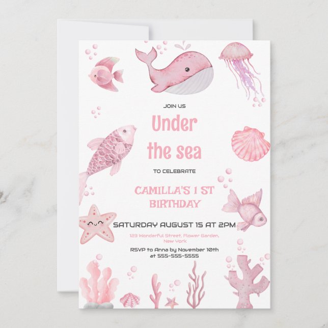 Pink Oneder the Sea Birthday Invitation (Front)