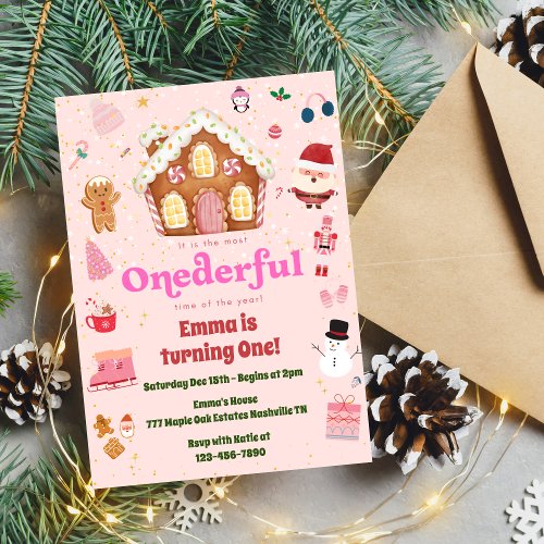 Pink ONEderful Christmas Winter 1st Birthday  Invitation