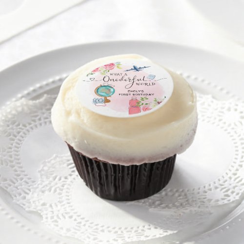 Pink ONEderful World Girls 1st First Birthday Edible Frosting Rounds