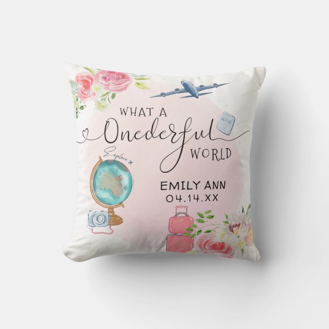 Pink ONEderful World Girls 1st First Birthday Throw Pillow (Front)