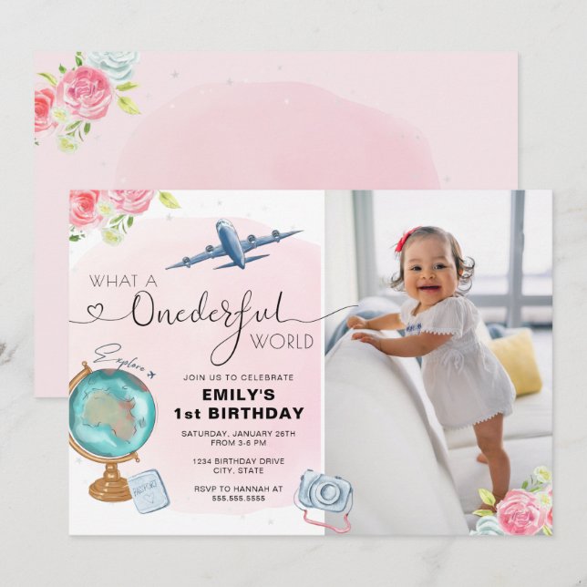 Pink ONEderful World Photo First Birthday Invitation (Front/Back)