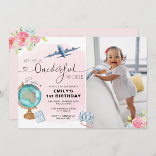 Pink ONEderful World Photo First Birthday Invitation