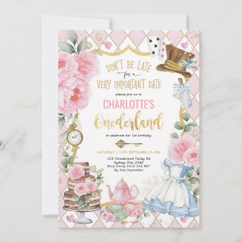 Pink Onederland Tea Party 1st Birthday Invitation