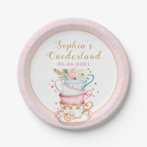 Pink Onederland Tea Party 1st Birthday Paper Plate
