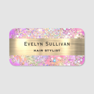 Pink Opal Faux Gold Foil Glitter Name Tag